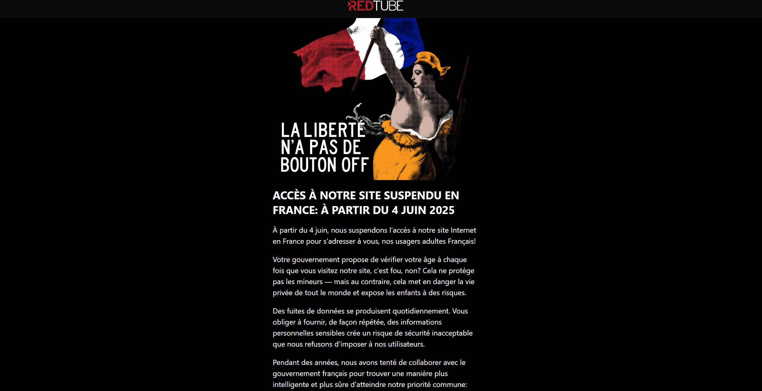 Message de blocage RedTube - La liberté n'a pas de bouton OFF